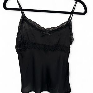 Black satin cami with lace trim and bow details, Forever 21, size small